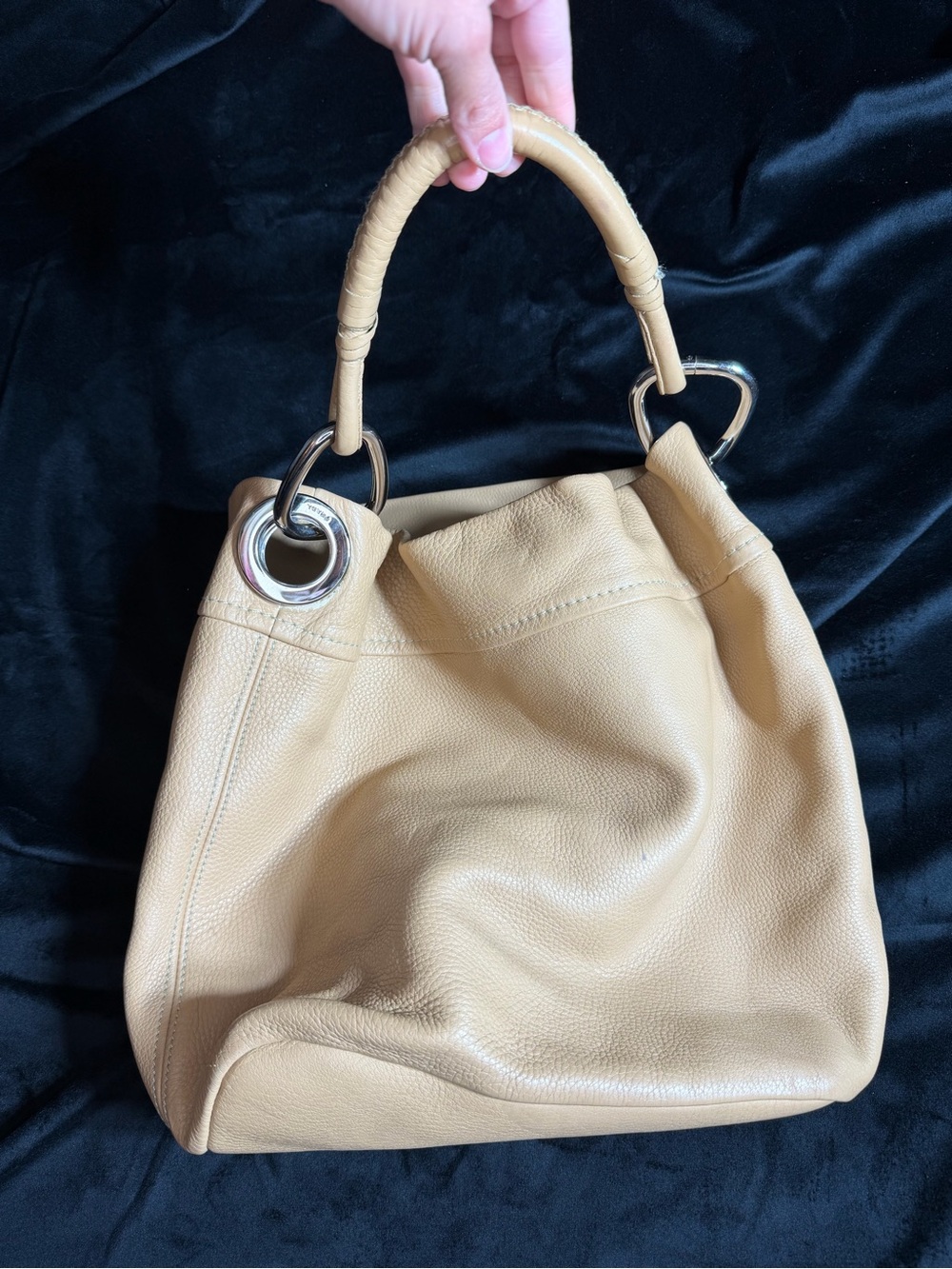 Prada Beige/Tan Pebbled Leather Hobo with Silver Rings